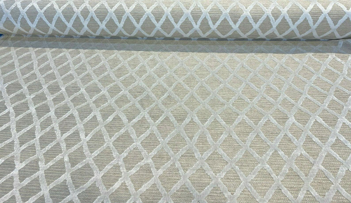 Raised Velvet Chenille Diamond Regis Buff Upholstery Fabric - Beige Background With Raised Ivory Velvet Diamonds, 56" Width (1 Yard)
