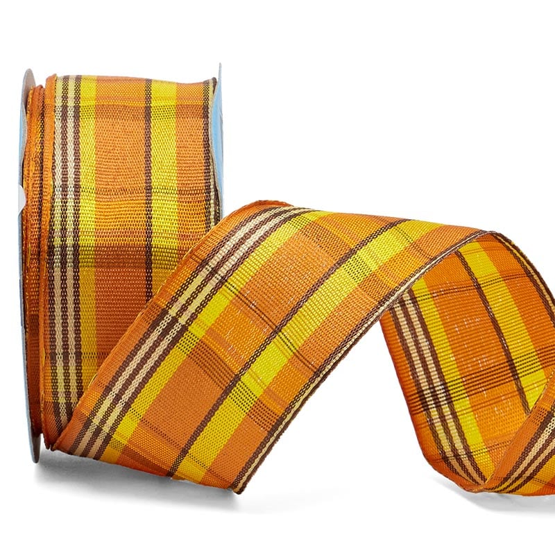 Rincon Plaid Wired Grosgrain Ribbon 1 1/2 '' X 10 yd Tangerine Color 1 / roll