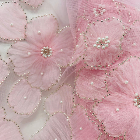 Beaded 3D Floral Lace Fabric - 3D Floral Embroidered Net Mesh, 52" Wide (1 Yard)