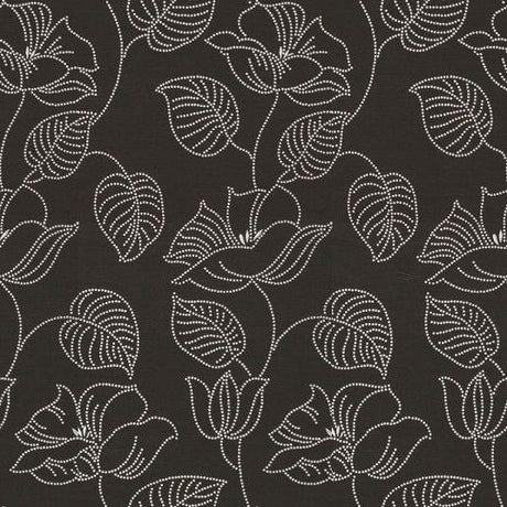 Lotus Of The Night Polyester Cotton Upholstery Fabric - Floral Stitch Bead Embroidery, Brown Black Base With Silver Embroidery, 57" Width (1 Yard)