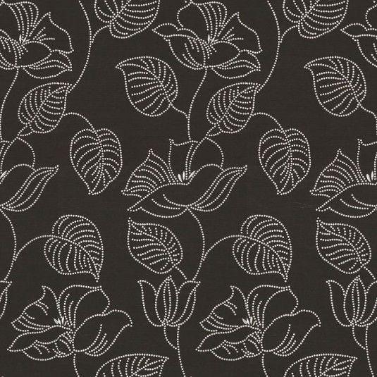 Lotus Of The Night Polyester Cotton Upholstery Fabric - Floral Stitch Bead Embroidery, Brown Black Base With Silver Embroidery, 57" Width (1 Yard)