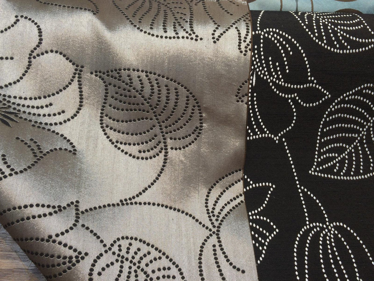 Lotus Of The Night Polyester Cotton Upholstery Fabric - Floral Stitch Bead Embroidery, Brown Black Base With Silver Embroidery, 57" Width (1 Yard)