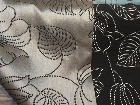 Lotus Of The Night Polyester Cotton Upholstery Fabric - Floral Stitch Bead Embroidery, Brown Black Base With Silver Embroidery, 57" Width (1 Yard)
