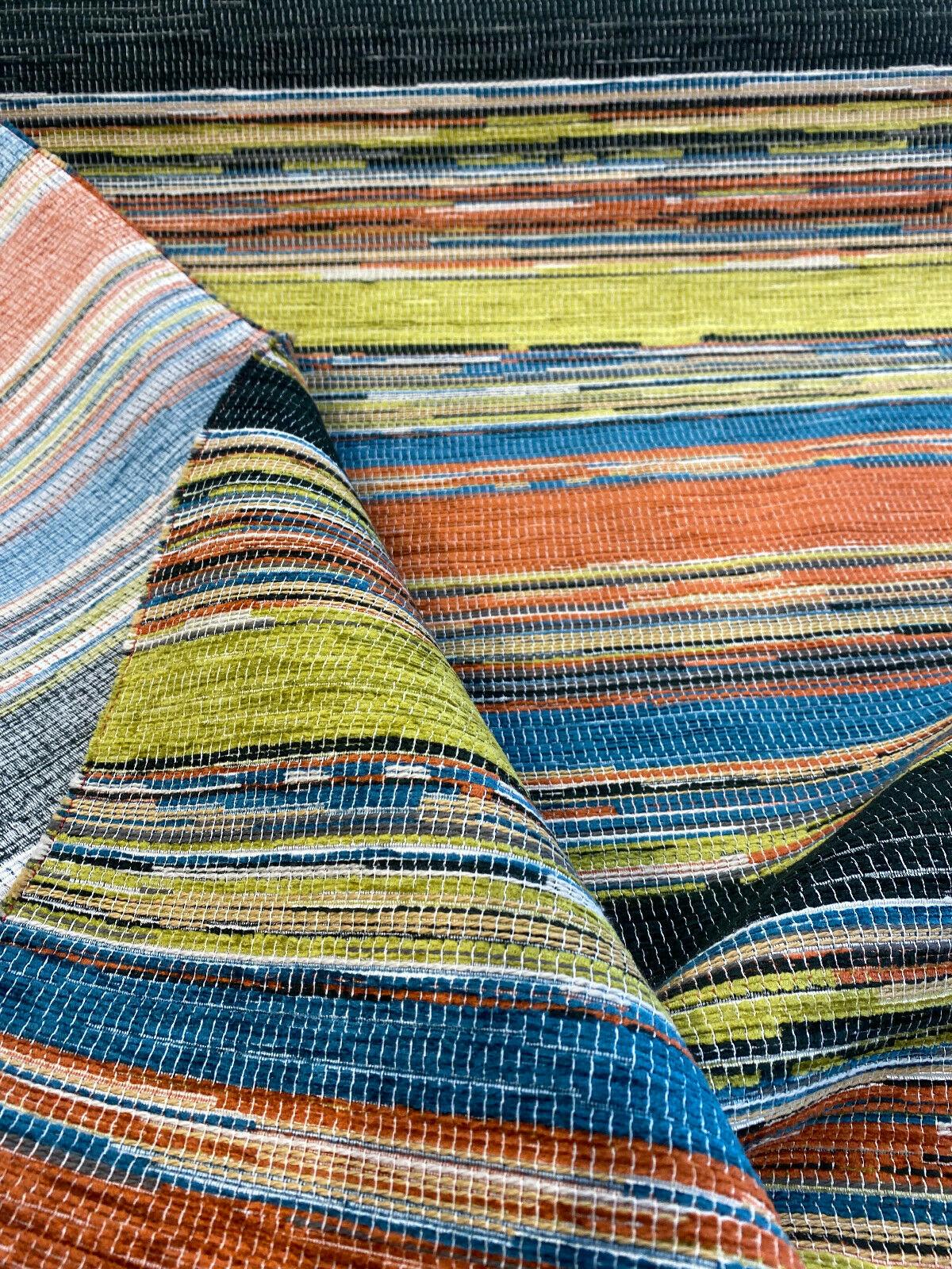 Bazaar Mosaic Stripe Chenille Fabric - Mosaic Stripe, Orange/Green/Blue/Black/Rust/Beige, 58" Width (1 Yard)