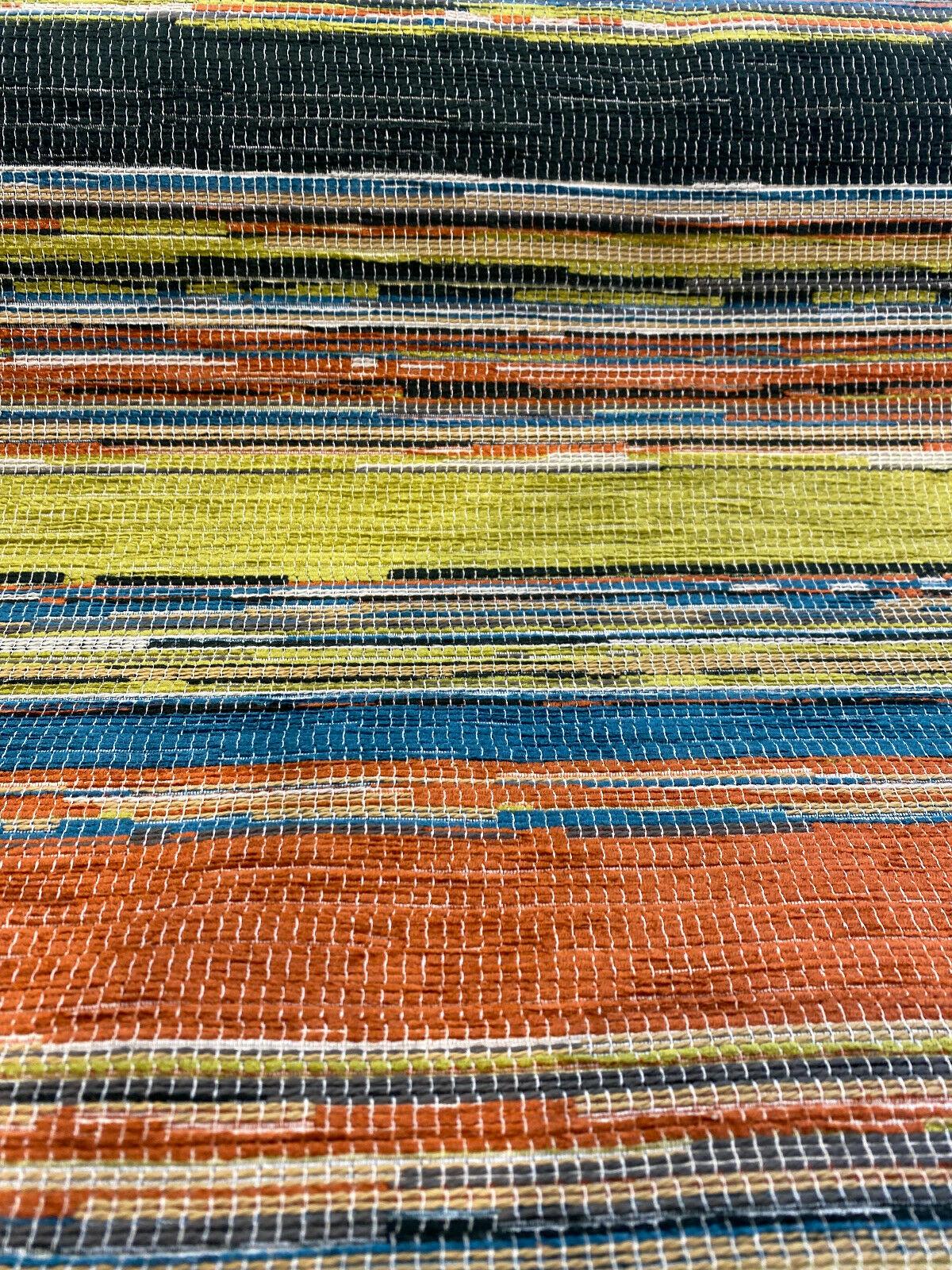Bazaar Mosaic Stripe Chenille Fabric - Mosaic Stripe, Orange/Green/Blue/Black/Rust/Beige, 58" Width (1 Yard)