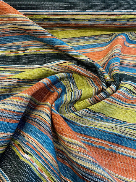 Bazaar Mosaic Stripe Chenille Fabric - Mosaic Stripe, Orange/Green/Blue/Black/Rust/Beige, 58" Width (1 Yard)
