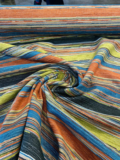 Bazaar Mosaic Stripe Chenille Fabric - Mosaic Stripe, Orange/Green/Blue/Black/Rust/Beige, 58" Width (1 Yard)