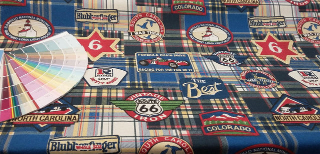 Vintage Route 66 Cotton Fabric - Retro Road Signs, Vintage Cars, Americana Print, By The Yard