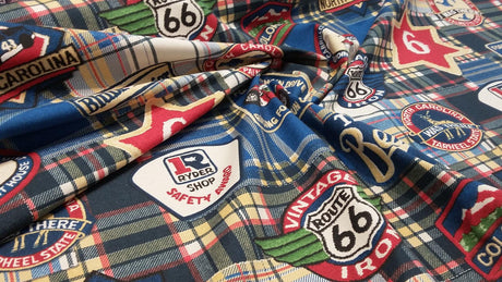 Vintage Route 66 Cotton Fabric - Retro Road Signs, Vintage Cars, Americana Print, By The Yard
