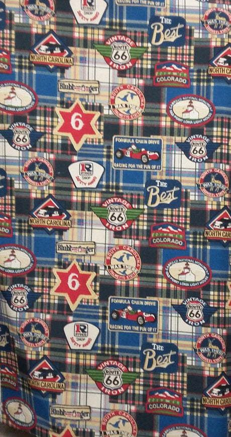 Vintage Route 66 Cotton Fabric - Retro Road Signs, Vintage Cars, Americana Print, By The Yard