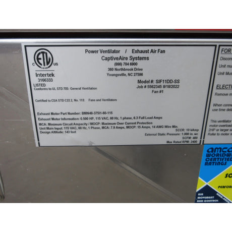 CaptiveAire SIF11DD-SS Exhaust Fan, Used Excellent Condition