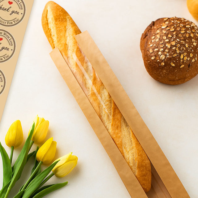 O'Creme Kraft Baguette Bag with Window, 23" x 4" - Pack of 50