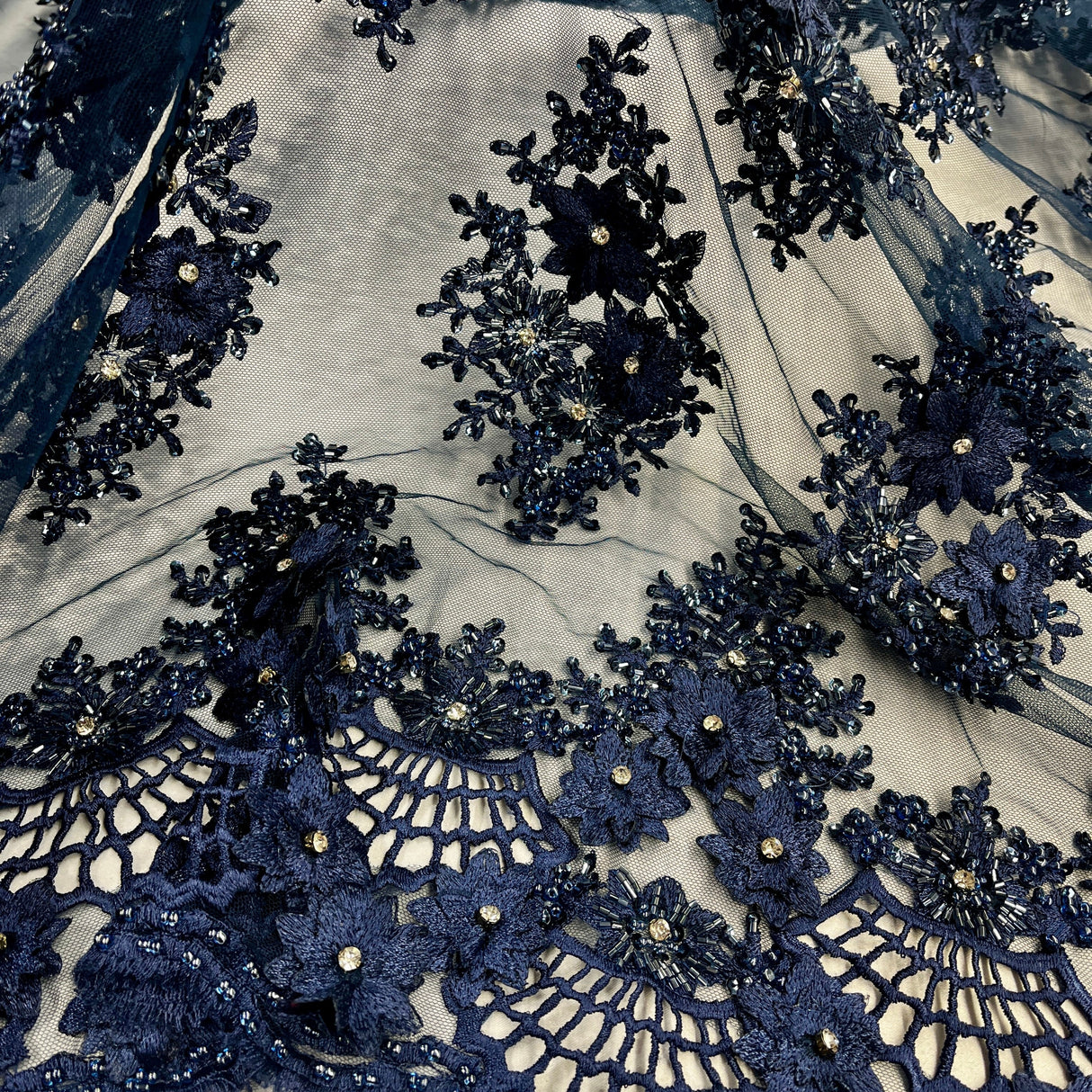 Beaded 3D Floral Lace Fabric