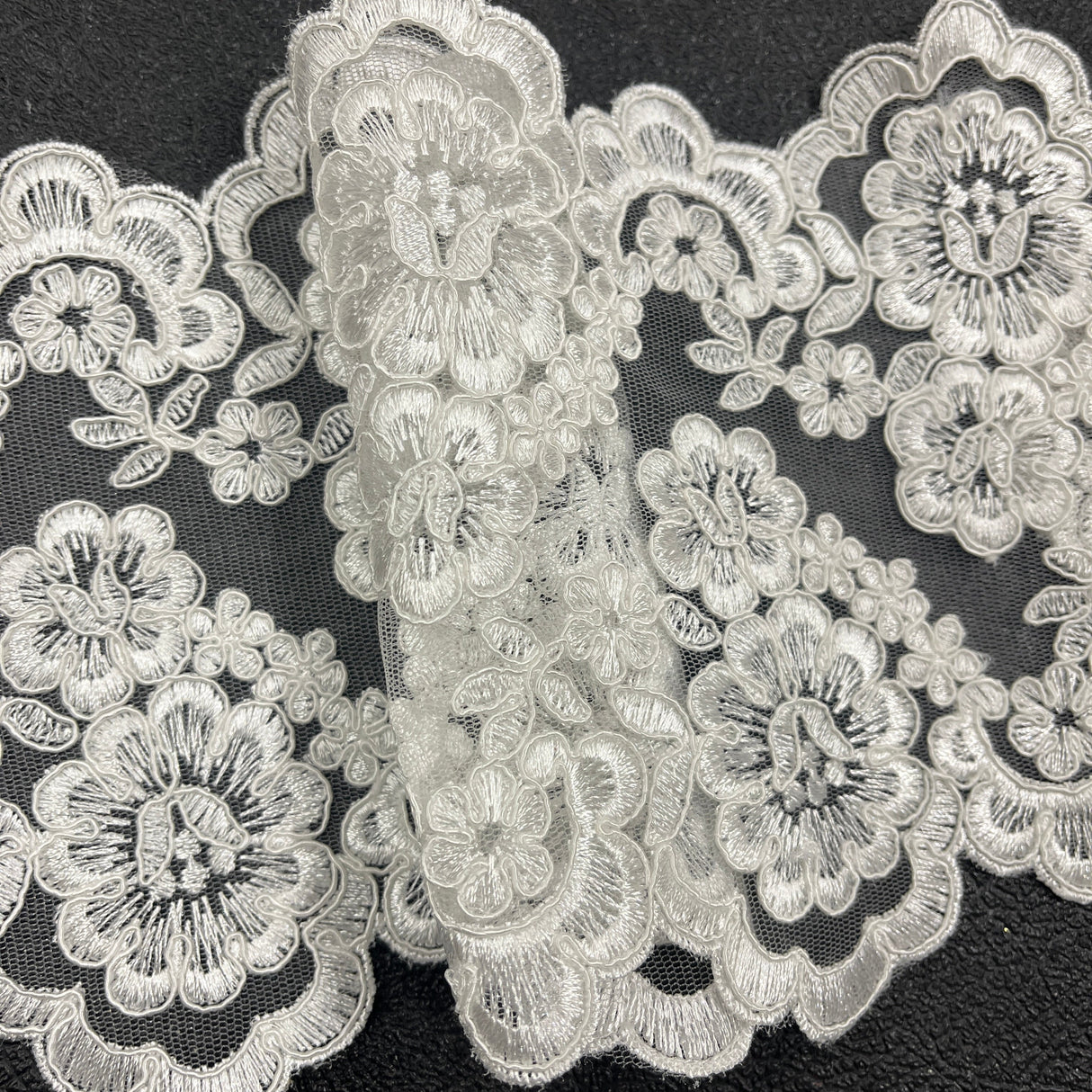 Corded Double Sided Lace Trimming Polyester Fabric - Embroidered Net Mesh, 6.5" Width (1 Yard)
