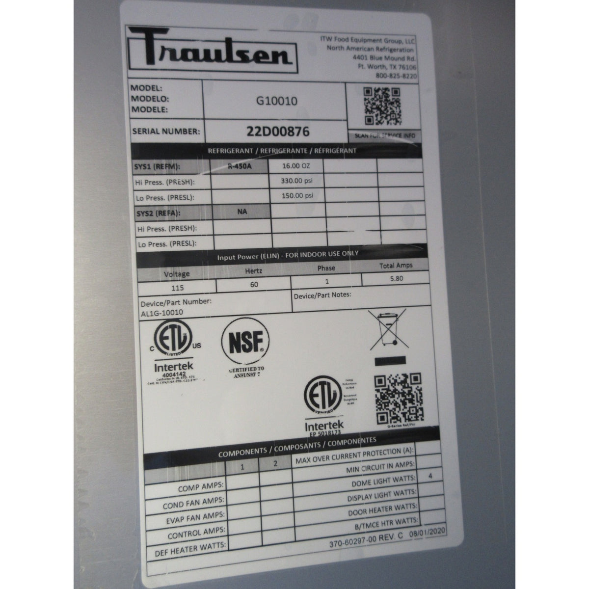 Traulsen G10010 30" One Section Solid Door Reach in Refrigerator, Brand New