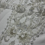 1 Yard Beaded Lace Fabric Embroidered on 100% Polyester Net Mesh, Elegant Sheer Textile for Dressmaking