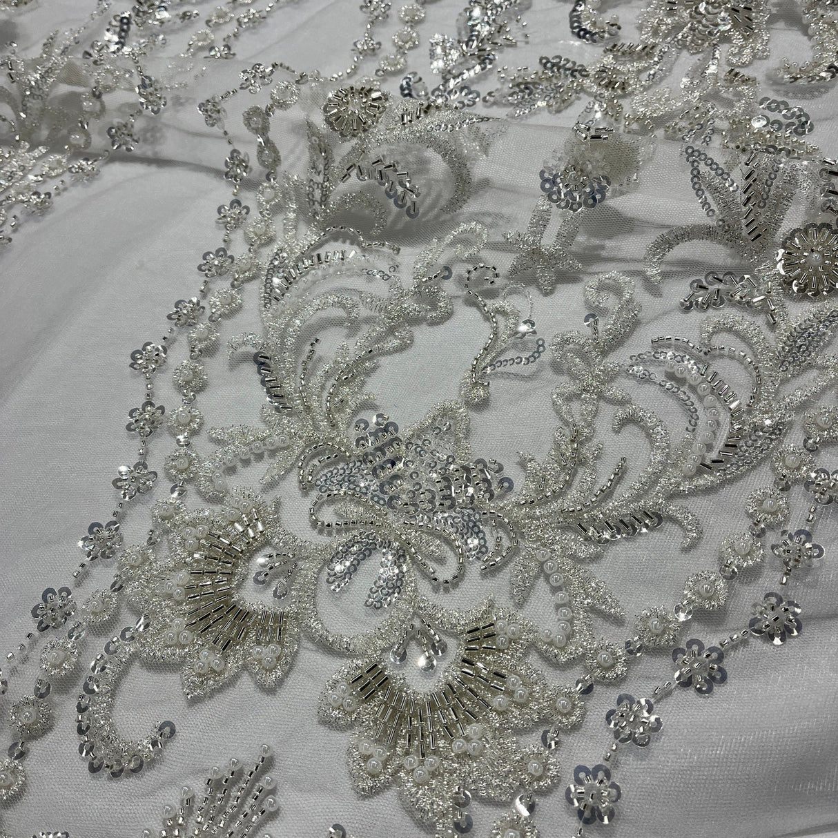 Beaded Lace Fabric Embroidered On 100 Percent Polyester Net Mesh - Off White, Antique Silver, White, 50" Wide (1 Yard)