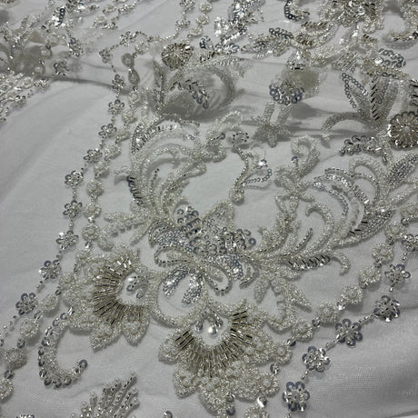 Beaded Lace Fabric Embroidered On 100 Percent Polyester Net Mesh - Off White, Antique Silver, White, 50" Wide (1 Yard)