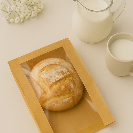 O'Creme Kraft Bread Bag with Window, 13.75" x 8.25" - Pack of 50