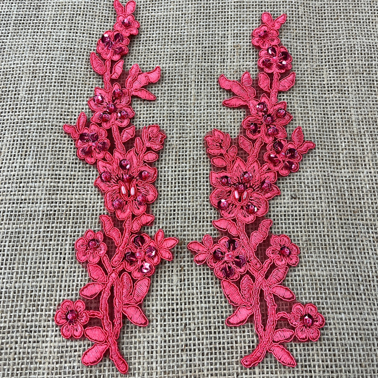 1 Pair Beaded & Corded Floral Lace Applique 10" x 2" Each Side