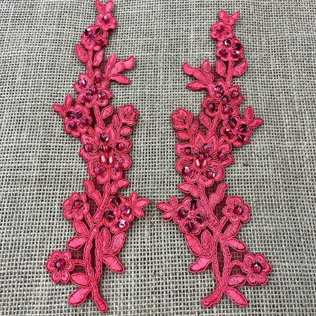 1 Pair Beaded & Corded Floral Lace Applique 10" x 2" Each Side