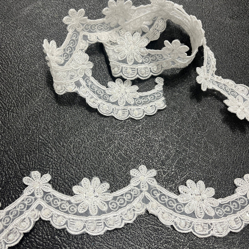 1 Yard Beaded & Corded Lace Trimming on Net Mesh – 1.75" Wide | Embroidered Decorative Lace for Dresses & Costumes