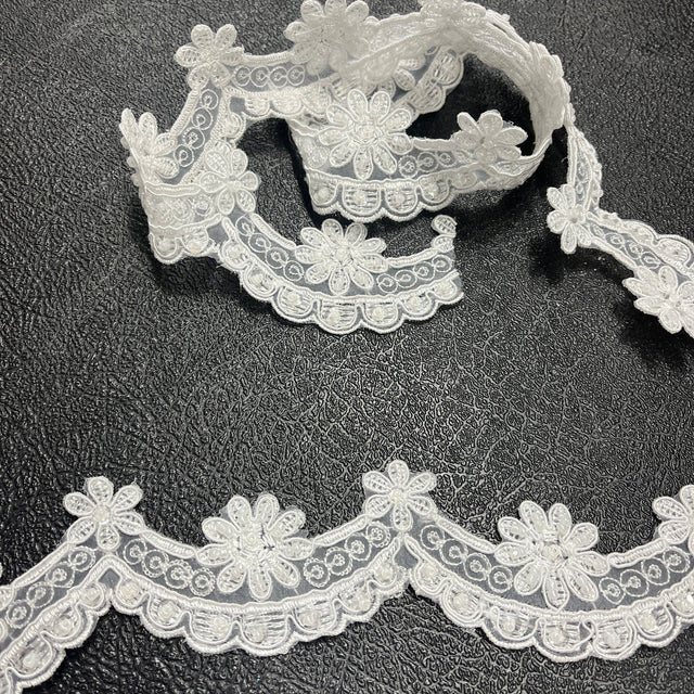 Beaded & Corded Lace Trimming Polyester Fabric - Embroidered Net Mesh, 1.75" Wide (1 Yard)