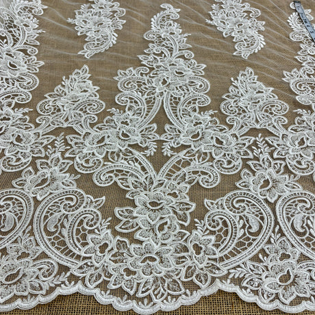 Beaded Corded Bridal Lace Fabric Dark Ivory