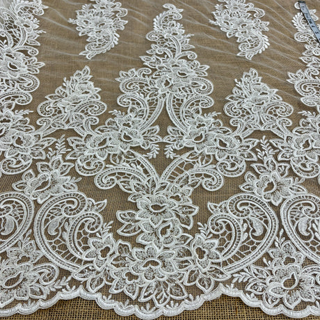 Beaded & Corded Bridal Lace Fabric - Dark Ivory, 54" Wide (1 Yard)