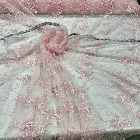 1 Yard - Beaded Lace Fabric Embroidered on 100% Polyester Net Mesh - Ivory - 52"