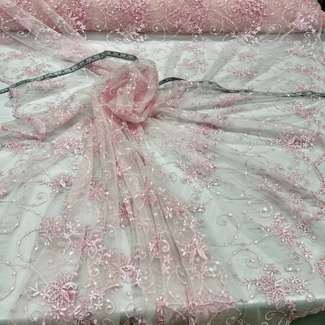 Beaded Lace Fabric on Polyester Net Mesh 52"