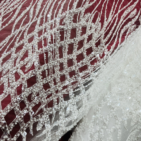 Beaded Lace Fabric on Polyester Net Mesh