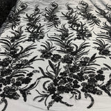Beaded Lace Fabric Embroidered On 100 Percent Polyester Net Mesh - Lt. Blue, Ice Blue, Champagne, Nude, 50" Width (1 Yard)
