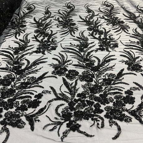 Beaded Lace Fabric Embroidered On 100 Percent Polyester Net Mesh - Lt. Blue, Ice Blue, Champagne, Nude, 50" Width (1 Yard)