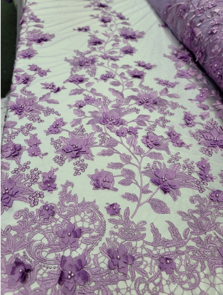 3D Floral Embroidered Mesh Lace Fabric Lavender