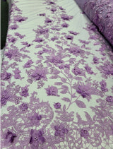 3D Floral Embroidered Mesh Lace Fabric Lavender