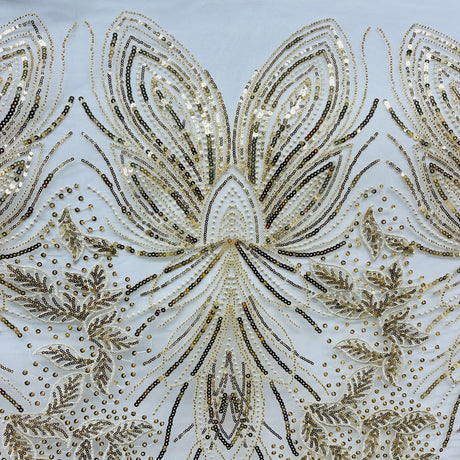 Beaded Sequined Lace Fabric Leaf Vine