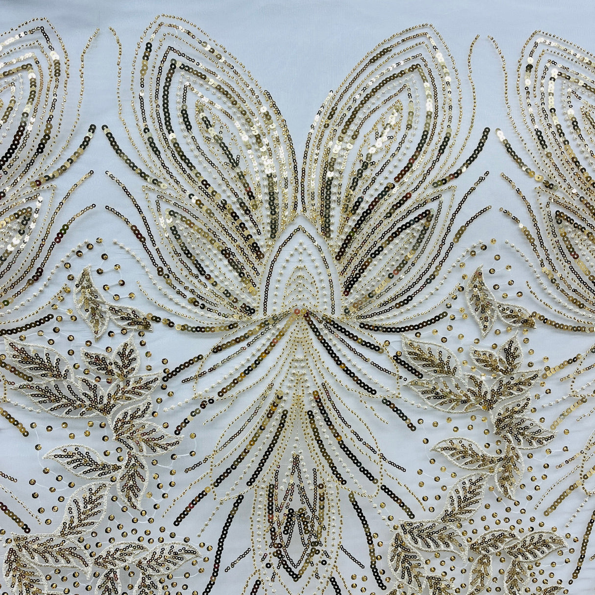 Beaded Sequined Lace Fabric Leaf Vine Design