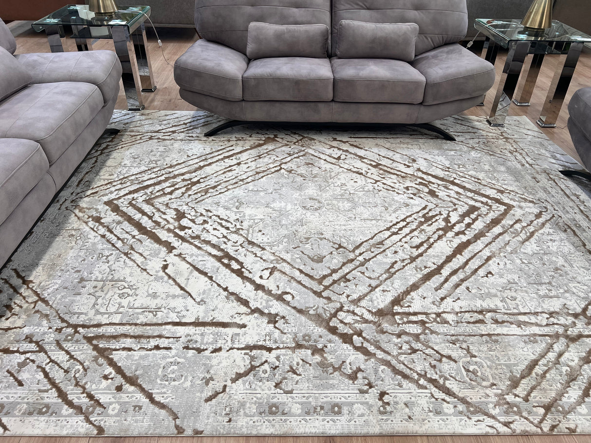 METZ 4206 Polyester Viscose Area Rug - Taupe Geometric Tone-To-Tone Mocha High-Low Pattern, 9' 8" X 13' (1 Rug)