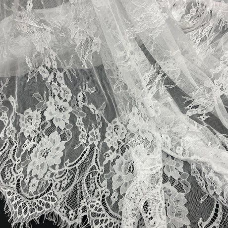Embroidered Chantilly Lace Fabric with Eyelash Scallop
