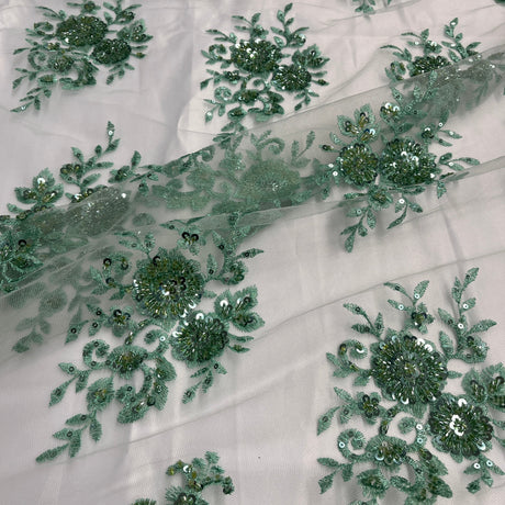 Beaded Lace Fabric on Polyester Net Mesh