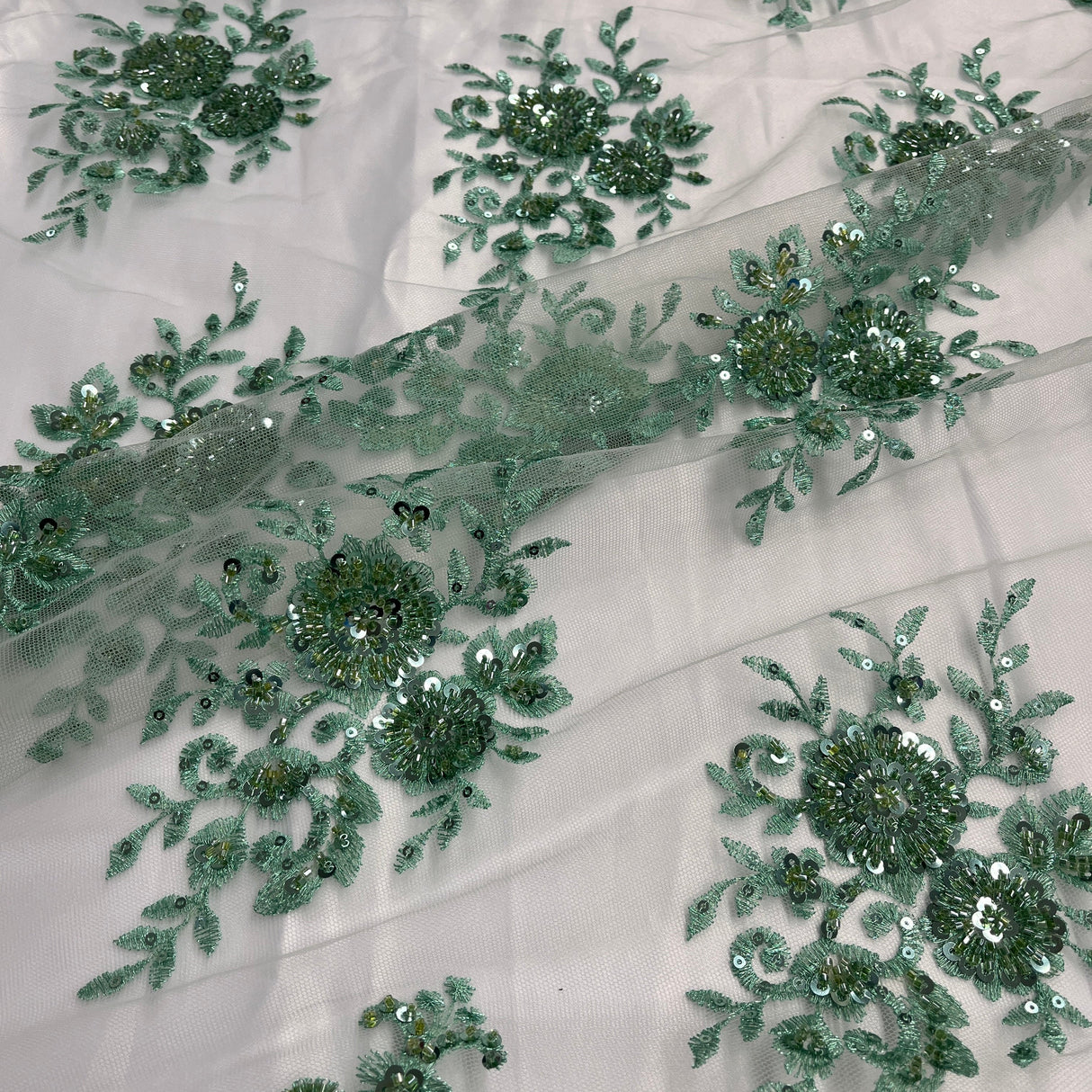 Beaded Lace Fabric on Polyester Net Mesh 50"