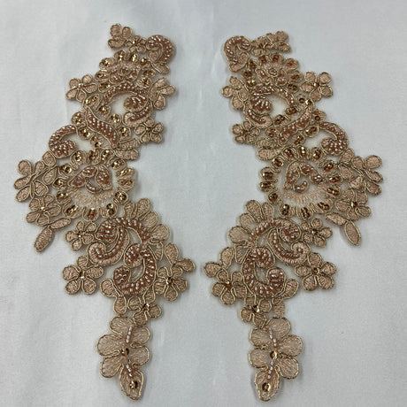 1 Pair 9" x 3" Each Side Beaded & Corded Floral Lace Applique Organza