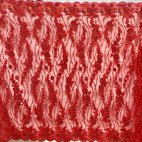 Beaded And Sequined Floral Sparkling Lace Fabric - Rust, Red, Purple Floral Embroidered, 53" Wide (1 Yard)