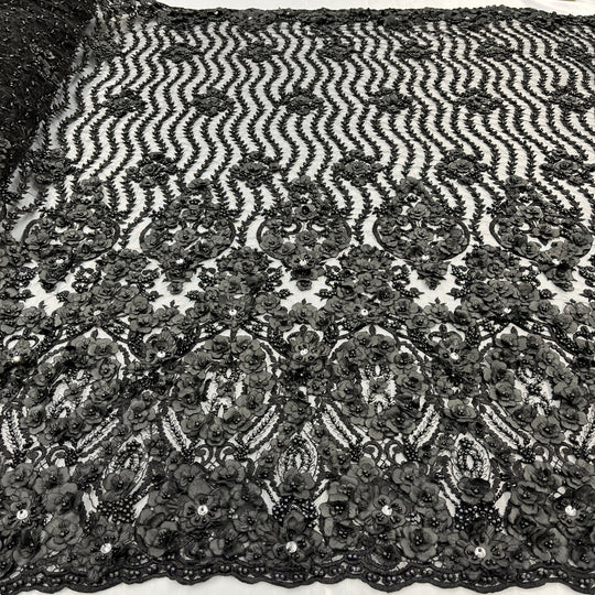 1 Yard Beaded 3D Floral Lace Fabric Embroidered 100 Percent Polyester Net Mesh 48 inch Width