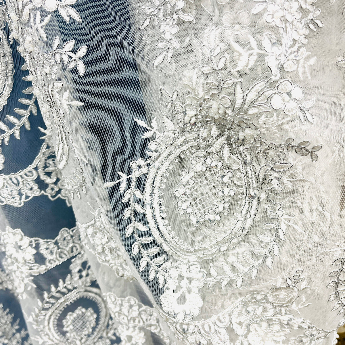 1 Yard 48" Wide Beaded & Corded Lace Fabric Embroidered on 100% Polyester Net Mesh