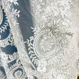 Beaded Corded Lace Fabric - White With Silver, Ivory With Silver, White, 48" Wide (1 Yard)
