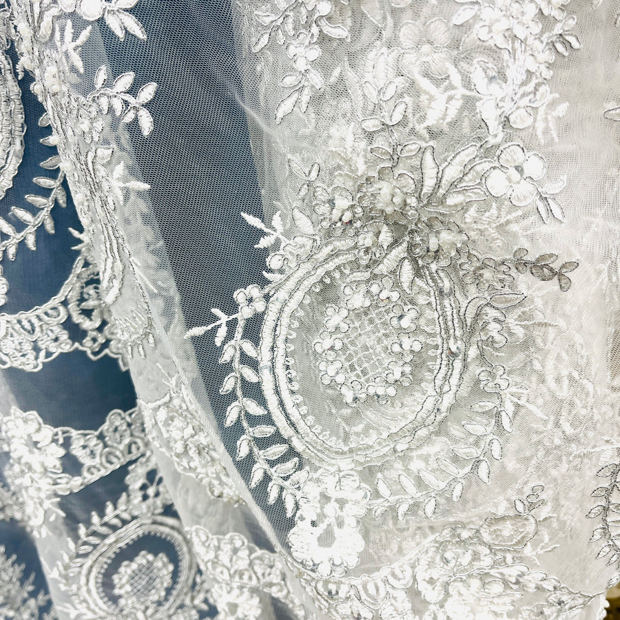 1 Yard Beaded & Corded Lace Fabric Embroidered on 100% Polyester Net Mesh Ivory with Silver