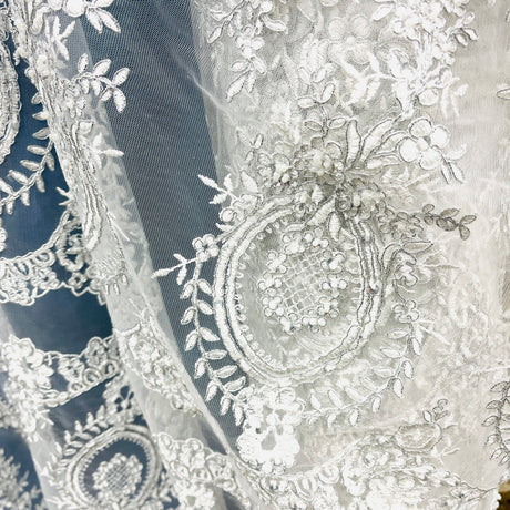 Beaded Corded Lace Mesh White