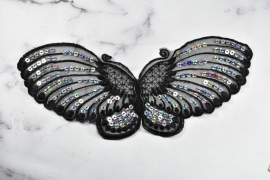 Sequin Butterfly Applique Black Hologram 10 x 4.50